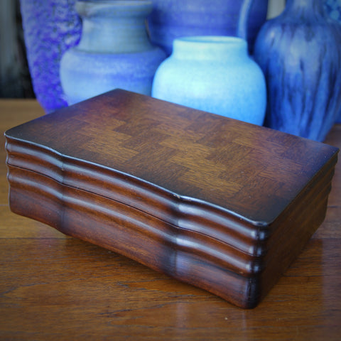 Wooden Jewelry Box with Serpentine Front, Herringbone Parquet Top and Yellowed, Mirrored Interior (LEO Design)