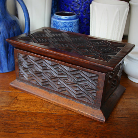 Hand-Carved Hardwood "Folk Art" Box with Graphic Carving (LEO Design)