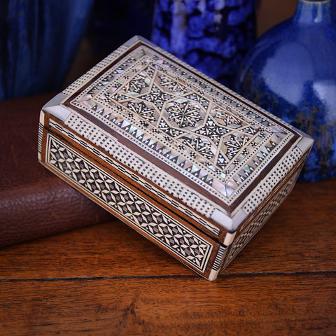 Egyptian Jewelry Box with Geometrically Inlaid Camel Bone and Mother-of-Pearl (LEO Design)