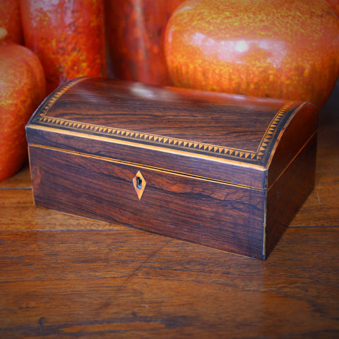 Nineteenth Century Rosewood Domed Box with Sawtooth Marquetry Inlay and Florentine Paper Lining (LEO Design)