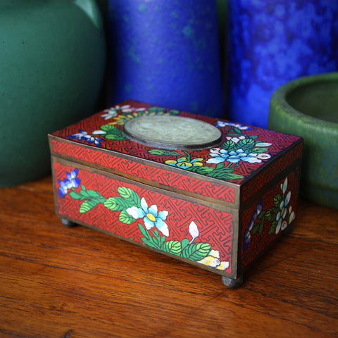 Chinese Oxblood Enameled Brass Cloisonné Box with Pierced and Carved Jade Medallion (LEO Design)