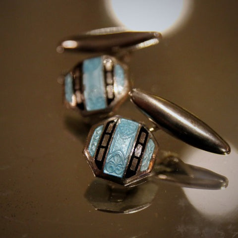 Art Deco Cufflinks with Sky Blue and Black Enameling (LEO Design)