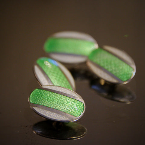 English Art Deco Sterling Silver Cufflinks with Guilloché Engraving and White & Lime Green Enameling (LEO Design)