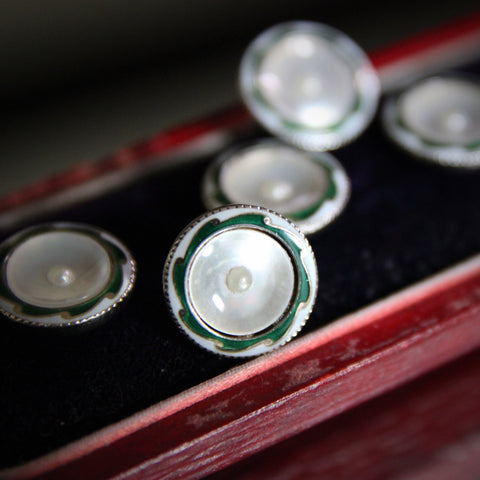 Six Edwardian English Shirt Buttons with Mother-of-Pearl Faces, Seed Pearls and Enameled Silver Bezels (LEO Design)