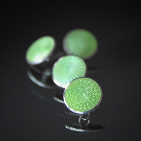 Art Deco Sterling Silver Cufflinks with Machine-Turned Guilloché and Spring Green Enameling (LEO Design)