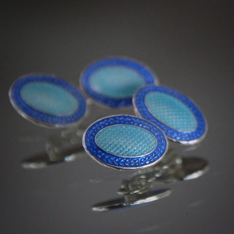 English Art Deco Style Sterling Silver Cufflinks with Aqua and Sapphire Blue Enameling (LEO Design)