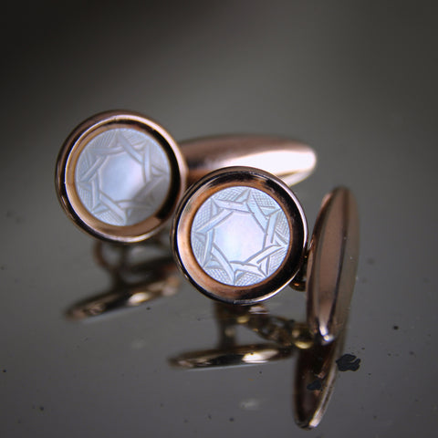 English Art Deco Cufflinks with "Moroccan Star" Engraved Mother-of-Pearl Faces (LEO Design)