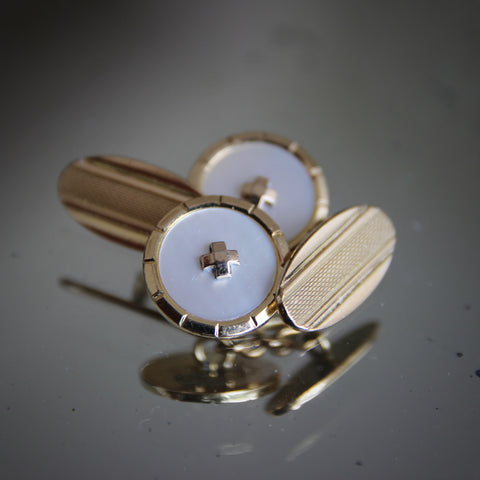 English Art Deco Cufflinks with Mother-of-Pearl Faces, Chamfered & Crenelated Bezels, and Mortise & Tenon Centers (LEO Design)
