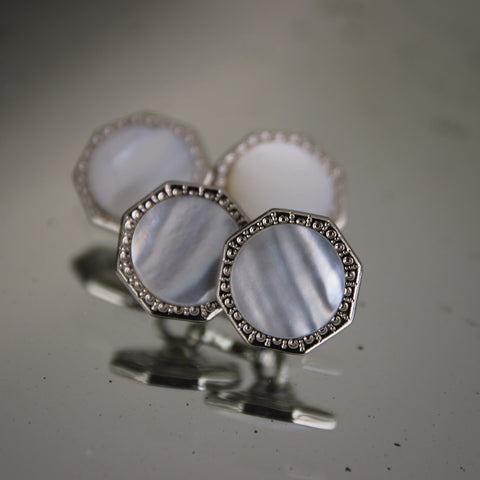 English Art Deco Cufflinks with Lustrous Mother-of-Pearl Faces and Crimped Octagonal Bezels (LEO Design)