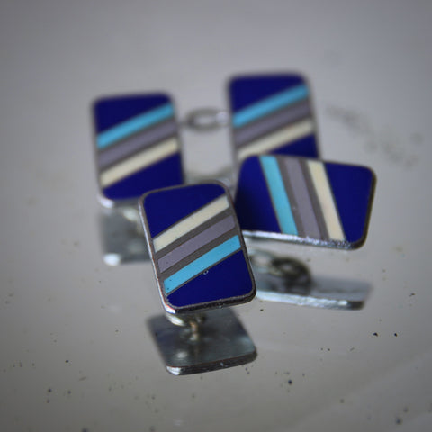 English Art Deco Cufflinks with Navy, Grey, White and Turquoise Enameled Repp Striping (LEO Design)