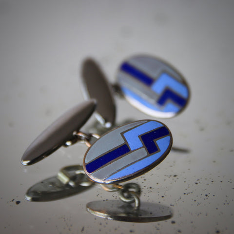 English Art Deco Oval Color-Blocked Cufflinks with Royal Blue, Danish Blue and Dove Grey Enameling (LEO Design)