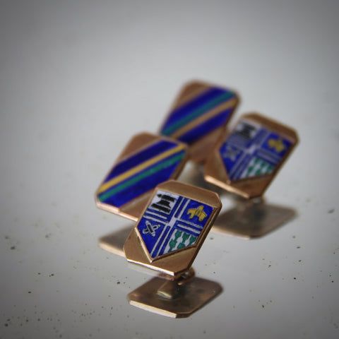 English Cufflinks with Enameled School Crest and Repp Stripes (LEO Design)