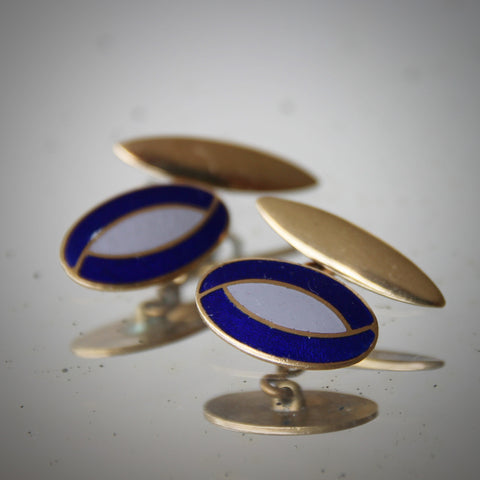 English Art Deco Oval Cufflinks with Cobalt and Dove Grey Enameling (LEO Design)