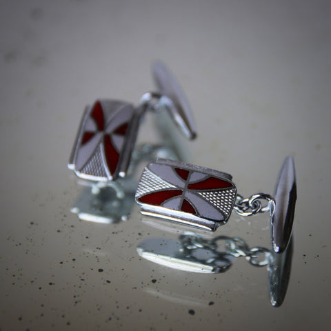 English Art Deco Chromed Cufflinks with Scarlet and Soft Grey Enameling (LEO Design)