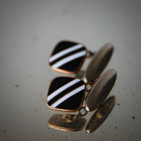 English Art Deco Soft Square Cufflinks with Black and White Enameled Double Striping (LEO Design)