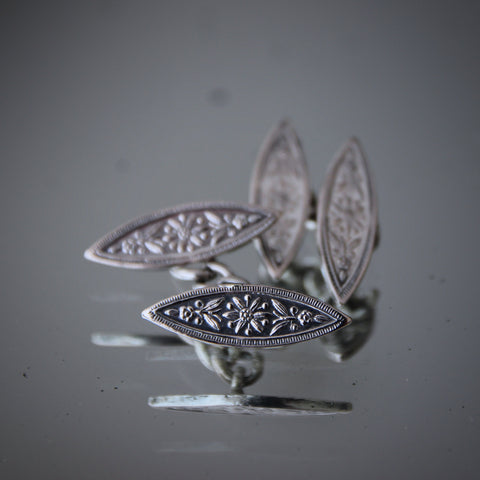 French Art Nouveau Almond-Form Silver Cufflinks with Floral Relief Decoration (LEO Design)