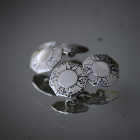 Arts & Crafts Hammered Sterling Silver Shield-Form Cufflinks (LEO Design)