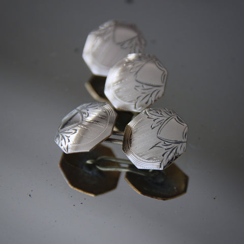 Edwardian English Shield-Form Silver-Fronted Cufflinks with Chevron, Botanical and Striped Engraving (LEO Design)