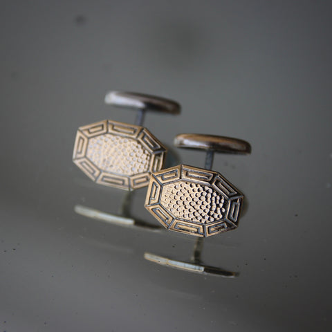Arts & Crafts Octagonal Cufflinks with Hammered Centers and Greek Key Edging (LEO Design)