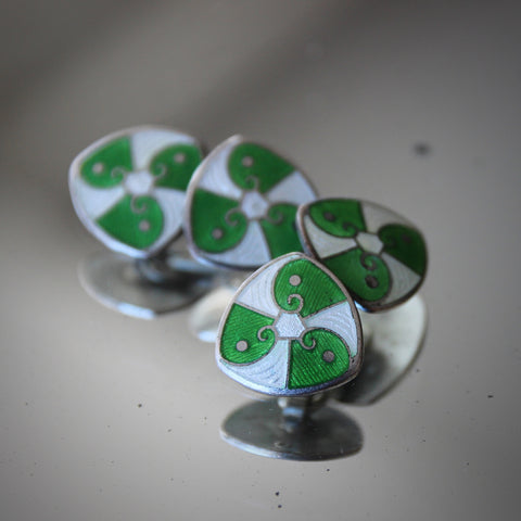 Triangular Art Deco Cufflinks with Fanning Kelly Green and White Enameling Over Guilloche (LEO Design)