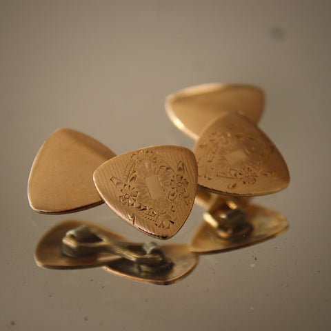 Edwardian Gold-Filled Triangular Cufflinks with Etched Shield Decor Signed S&S (LEO Design)