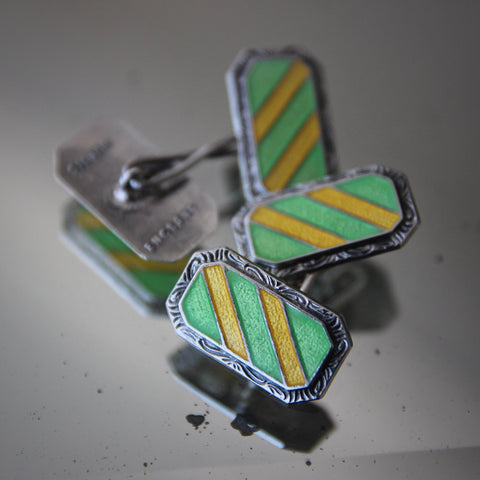 English Art Deco Enameled Sterling Silver Cufflinks with Lemon-Lime Striping (LEO Design)