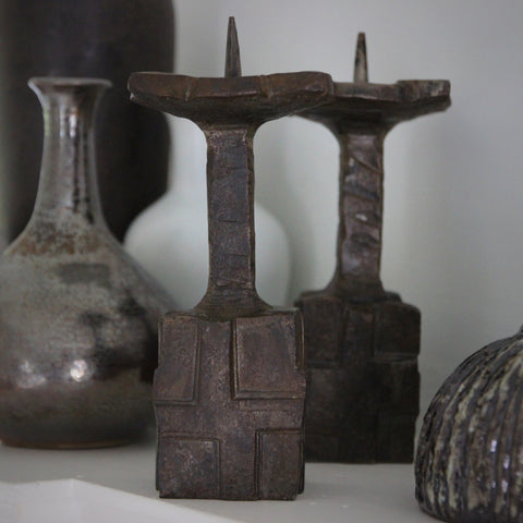Pair of German Modernist Wrought Iron Brutalist Altar Candlesticks (LEO Design)
