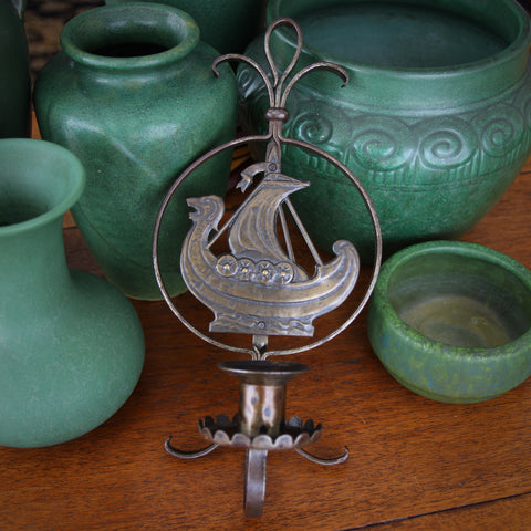 Goberg German Jugendstil Wrought Iron Candle Sconce with Brass Viking Ship Medallion (LEO Design)