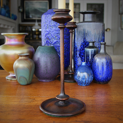 English Arts & Crafts Turned-Mahogany Floriform Candlesticks with Brass Bobeches (LEO Design)