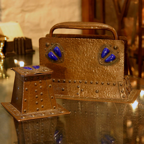 English Arts & Crafts Hand-Beaten Copper Desk Set with Blue Enameled "Deer Track" Cabochons (LEO Design)