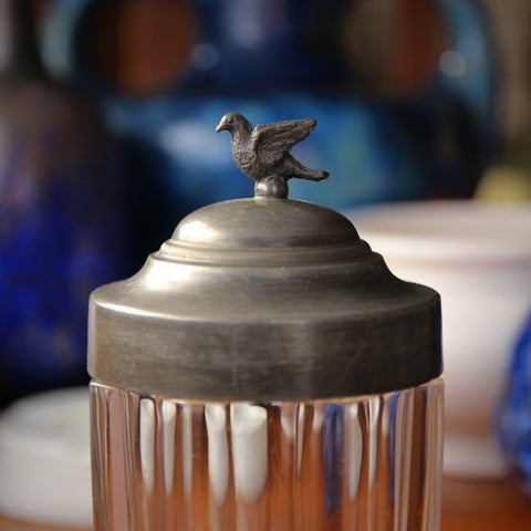 Faceted Glass Tobacco Jar with Pewter Lid and Flying Dove Finial (LEO Design)