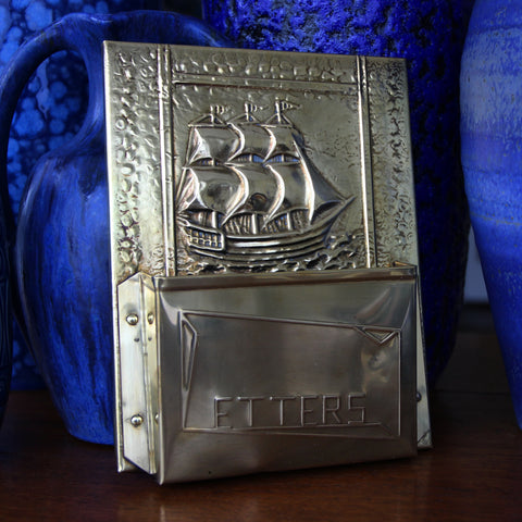 English Hand-Hammered Brass Wall-Mount Letter Holder with Three-Masted Galleon Decoration (LEO Design)