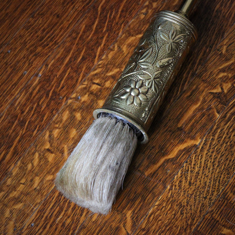 Victorian English Horsehair Fireplace Brush with Retractable Embossed Brass Cover (LEO Design)