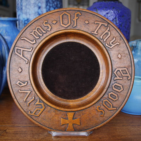 Arts & Crafts Hand-Carved Oak Alms Plate with Velvet Muffling Pad (LEO Design)