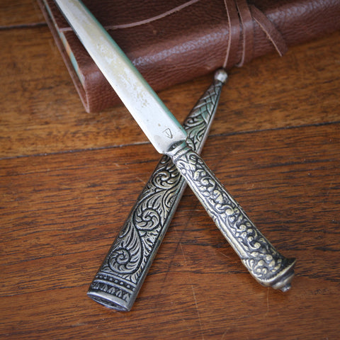 Heavy Engraved Silver-Plated Brass Letterknife with Sheath (LEO Design)