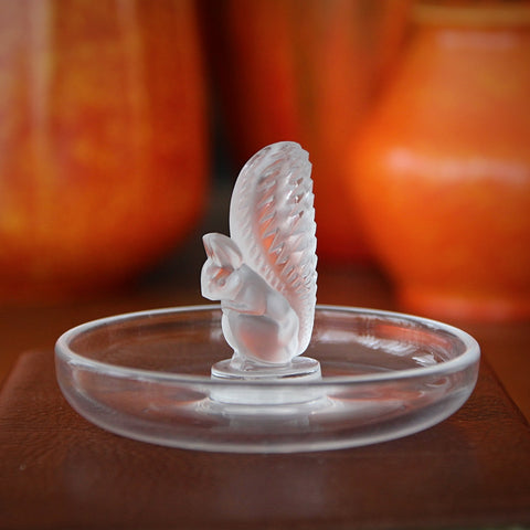 Lalique French Art Deco Style Crystal Ring Holder (or Pin Tray) with Frosted Squirrel Centerpiece (LEO Design)