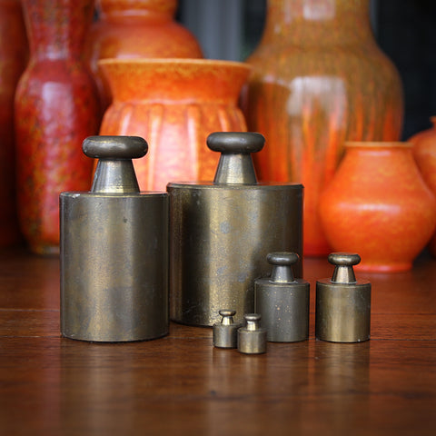 Set of Six Brass Industrial Scale Weights (10 lbs. - .8 ozs.) with Knobs (LEO Design)