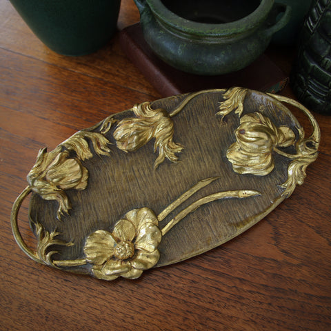 Belgian Art Nouveau Heavy Bronze Two-Handled Platter with Exuberant Gilt Bas Relief Tulips (LEO Design)