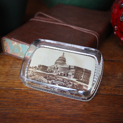 Thirties "Slab-Form" Glass Paperweight with Sepia Photo Image of The U. S. Capitol, Washington, D. C. (LEO Design)