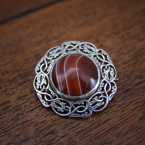 Iona Scottish Banded Agate Brooch with Scrolling Botanical Silver Setting (LEO Design)