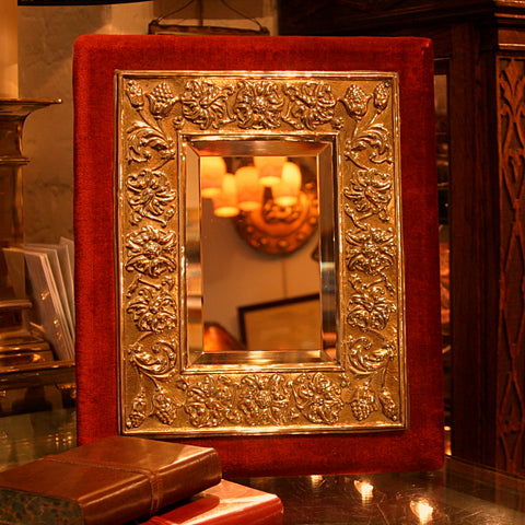 Victorian English Bevelled Mirror with Hand-Hammered Brass & Red Velvet Frame (LEO Design)