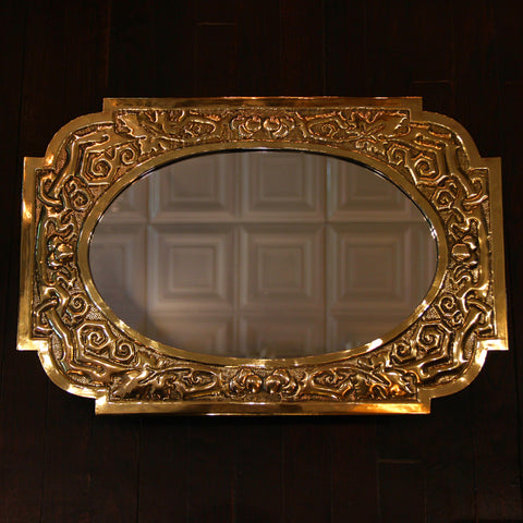 Glaswegian Arts & Crafts Oval Mirror with Hand-Hammered Brass Frame with Stylized Scrolling Botanicals (LEO Design)