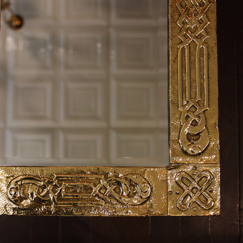 Scottish Arts & Crafts Brass-Framed Mirror with Hand-Hammered Interlocking Celtic Rings (LEO Design)