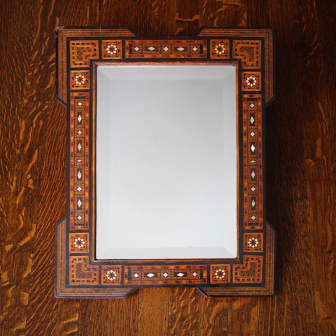 Moorish Arts & Crafts Mirror with Bevelled Glass and Inlaid Woods and Mother of Pearl (LEO Design)