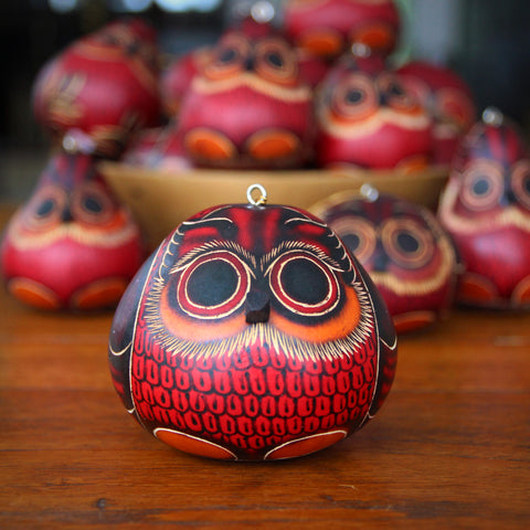 Set of Three Hand-Incised and -Painted Gourd Red Owl Ornaments (LEO Design)