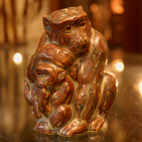 Danish Modernist Stoneware Sculpture of Mother Monkey and Baby by Knud Kyhn for Royal Copenhagen (LEO Design)