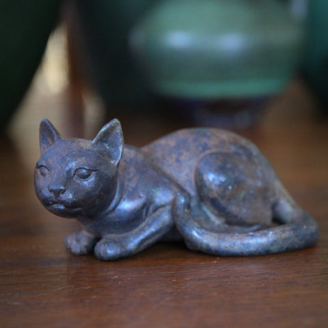 Cast Brass Crouching Feline Sculpture with Verdigris Bronze Patina (LEO Design)