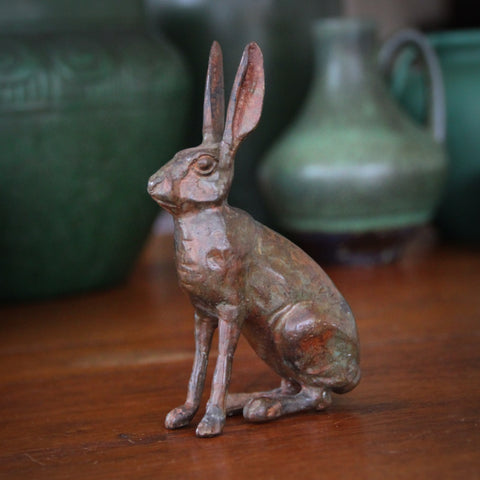 Cast Brass Jackrabbit Hare Sculpture with Verdigris Bronze Patina (LEO Design)