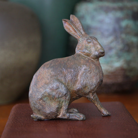 Cast Brass Hare Sculpture Finished with Verdigris Bronze Patina (LEO Design)