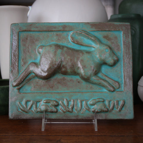 Scampering Rabbit Ceramic Bas Relief Plaque with Aqua Glaze (LEO Design)